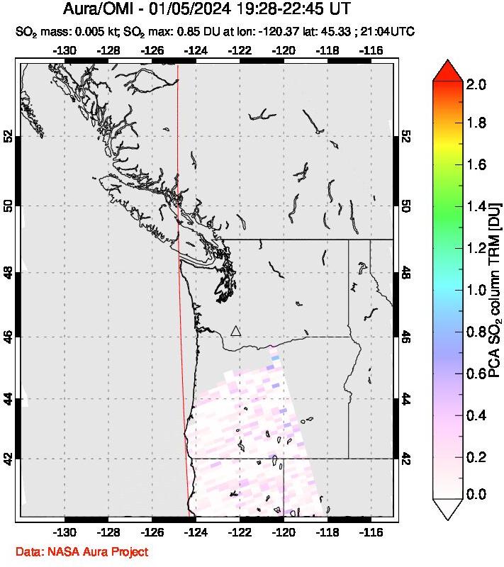 A sulfur dioxide image over Cascade Range, USA on Jan 05, 2024.