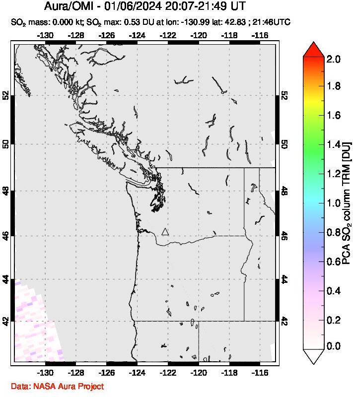 A sulfur dioxide image over Cascade Range, USA on Jan 06, 2024.