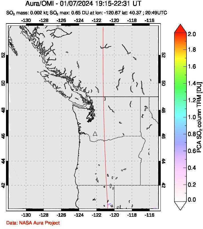 A sulfur dioxide image over Cascade Range, USA on Jan 07, 2024.