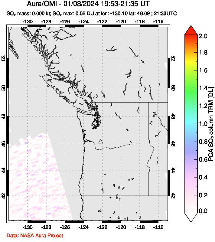 A sulfur dioxide image over Cascade Range, USA on Jan 08, 2024.