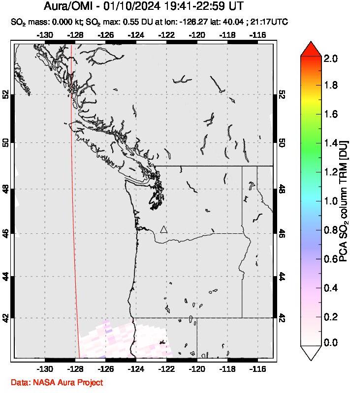 A sulfur dioxide image over Cascade Range, USA on Jan 10, 2024.