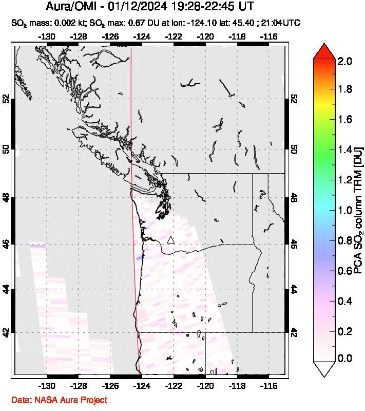 A sulfur dioxide image over Cascade Range, USA on Jan 12, 2024.