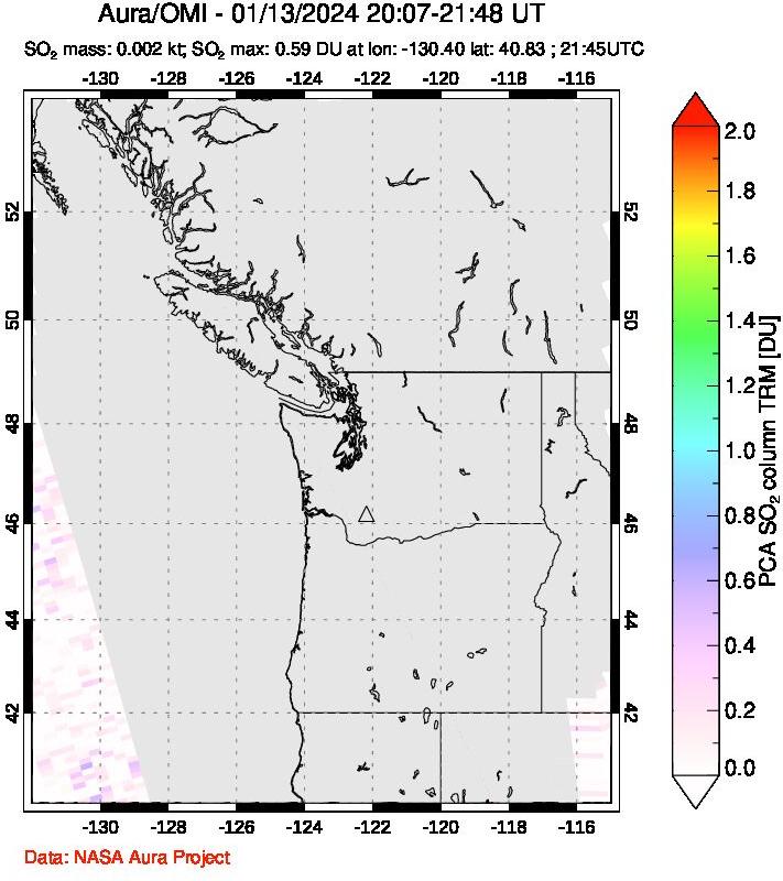 A sulfur dioxide image over Cascade Range, USA on Jan 13, 2024.