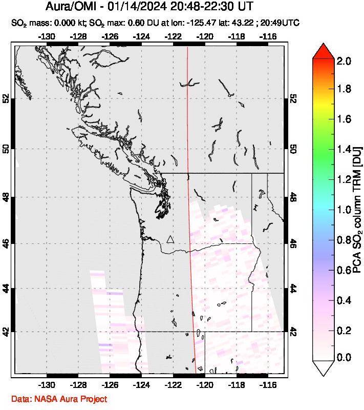 A sulfur dioxide image over Cascade Range, USA on Jan 14, 2024.