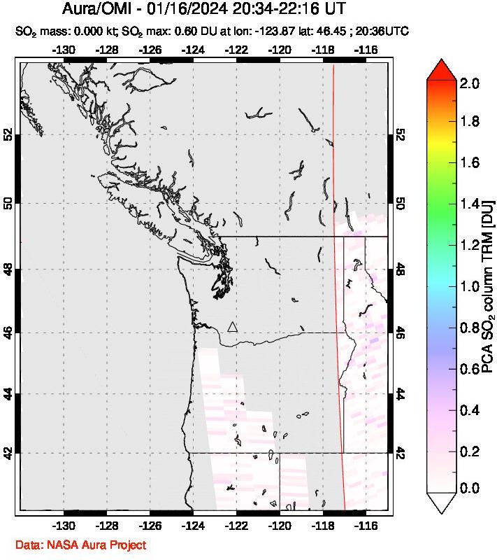 A sulfur dioxide image over Cascade Range, USA on Jan 16, 2024.