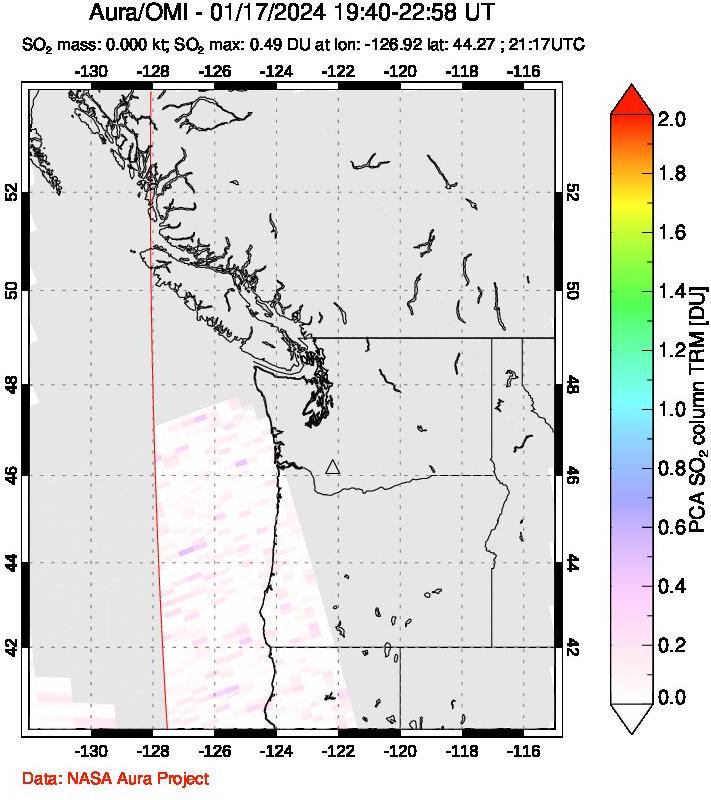 A sulfur dioxide image over Cascade Range, USA on Jan 17, 2024.