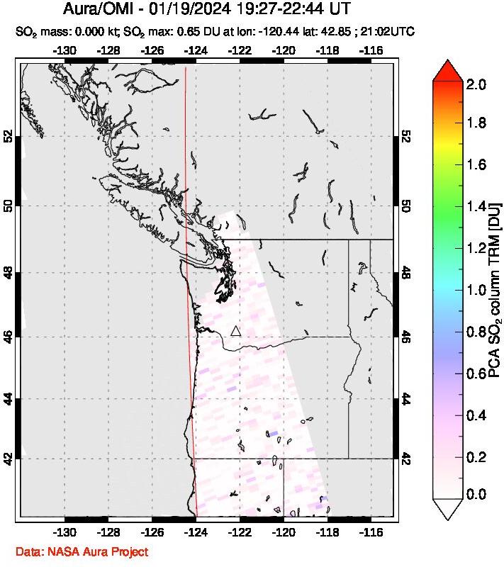 A sulfur dioxide image over Cascade Range, USA on Jan 19, 2024.