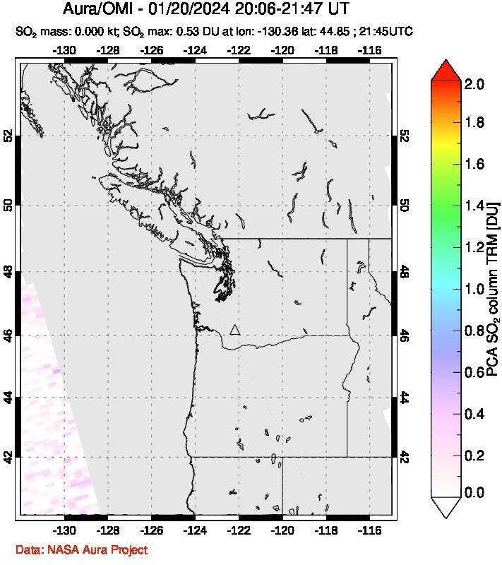 A sulfur dioxide image over Cascade Range, USA on Jan 20, 2024.