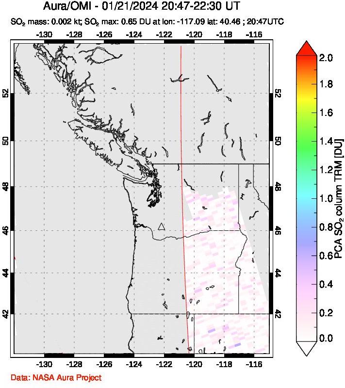 A sulfur dioxide image over Cascade Range, USA on Jan 21, 2024.