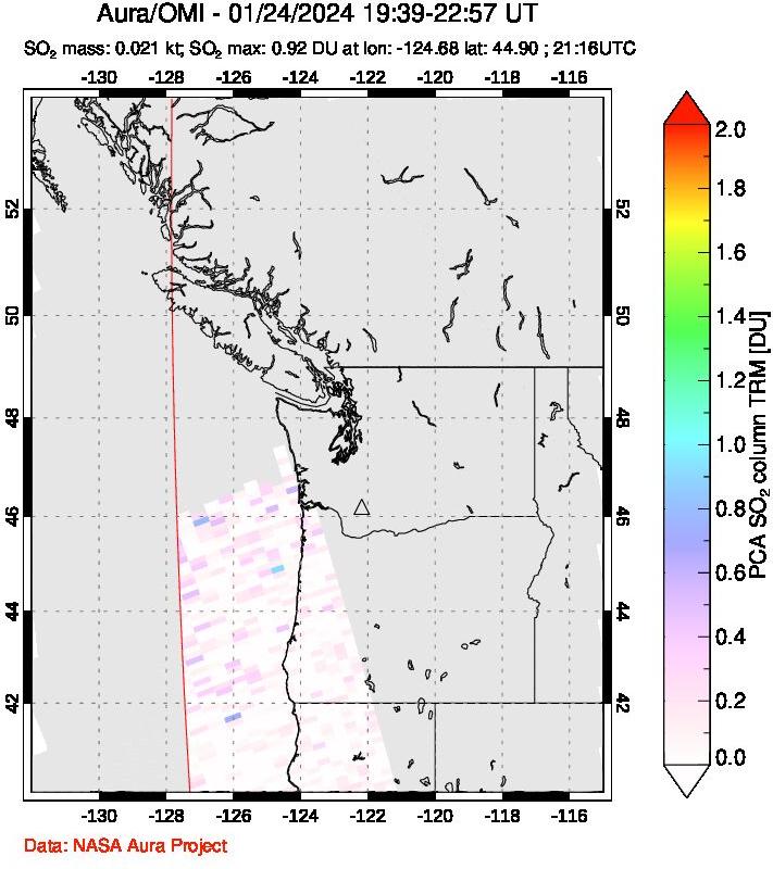 A sulfur dioxide image over Cascade Range, USA on Jan 24, 2024.