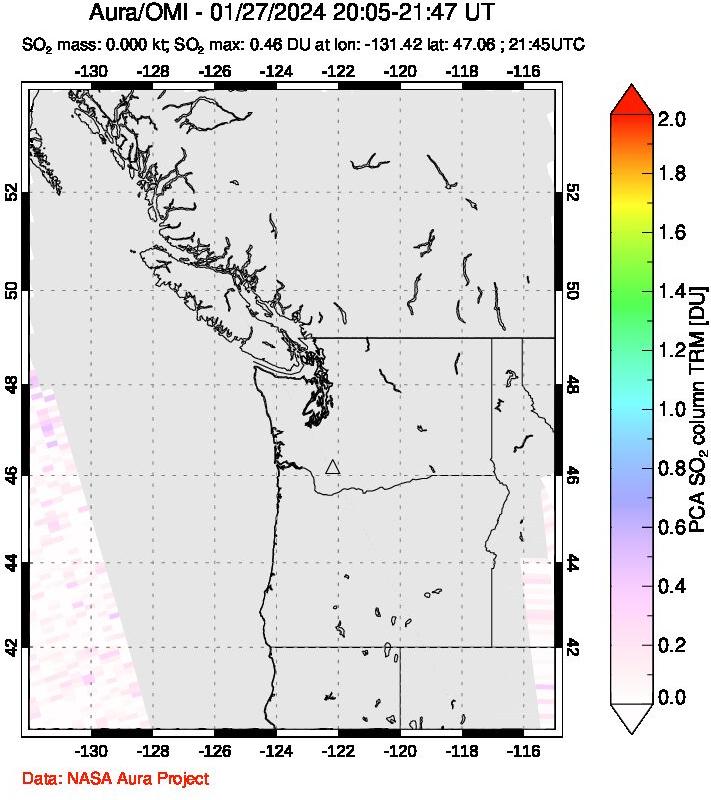 A sulfur dioxide image over Cascade Range, USA on Jan 27, 2024.