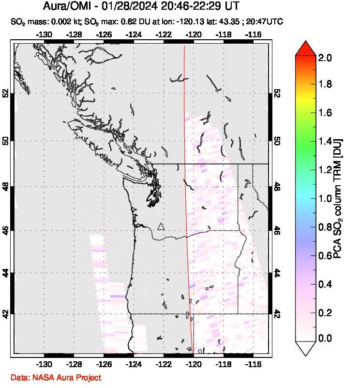 A sulfur dioxide image over Cascade Range, USA on Jan 28, 2024.