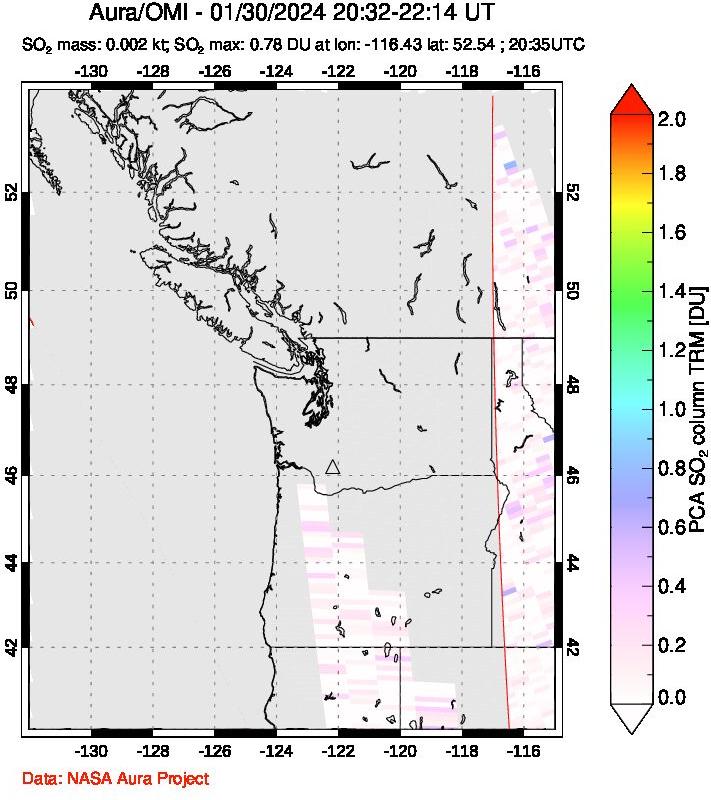 A sulfur dioxide image over Cascade Range, USA on Jan 30, 2024.