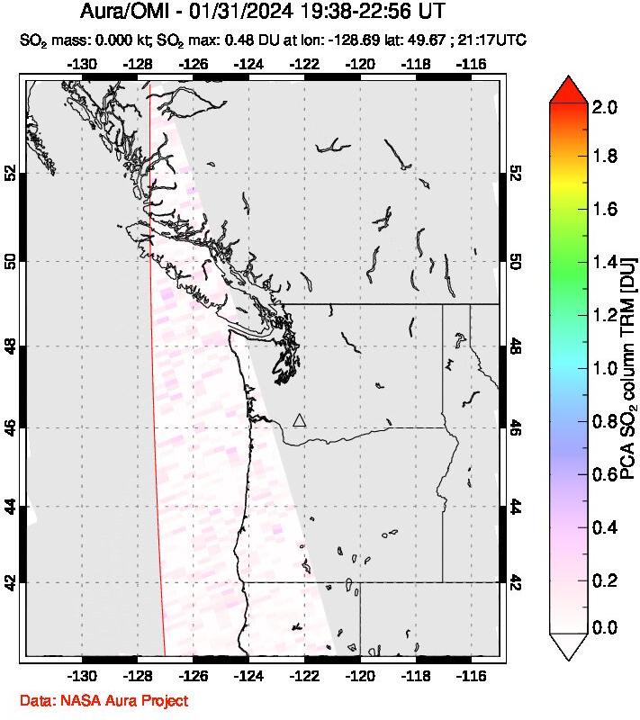 A sulfur dioxide image over Cascade Range, USA on Jan 31, 2024.