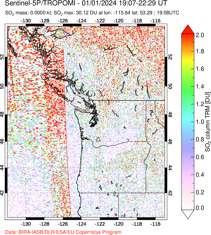 A sulfur dioxide image over Cascade Range, USA on Jan 01, 2024.