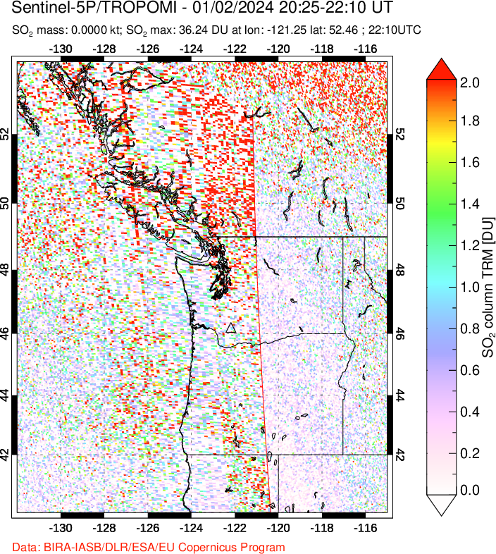 A sulfur dioxide image over Cascade Range, USA on Jan 02, 2024.