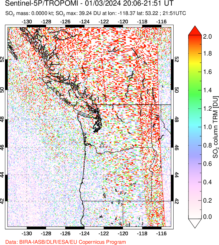 A sulfur dioxide image over Cascade Range, USA on Jan 03, 2024.