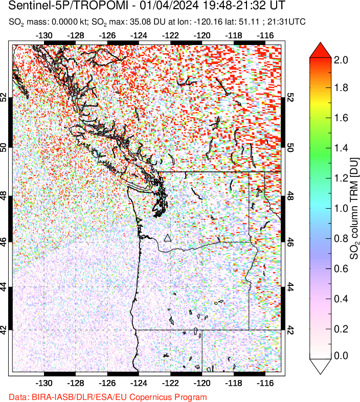 A sulfur dioxide image over Cascade Range, USA on Jan 04, 2024.