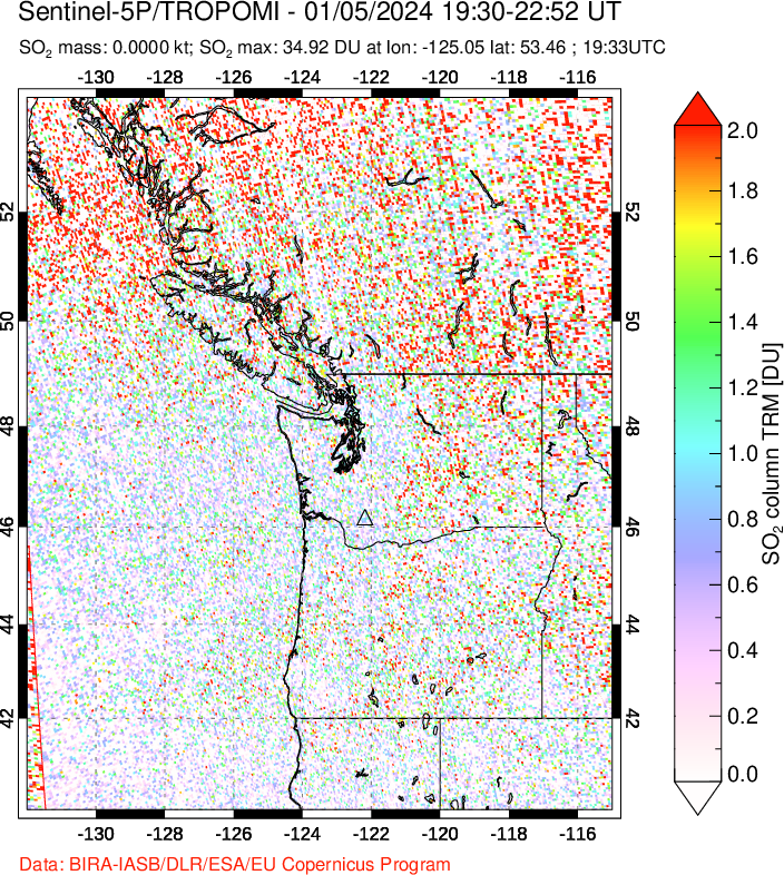 A sulfur dioxide image over Cascade Range, USA on Jan 05, 2024.