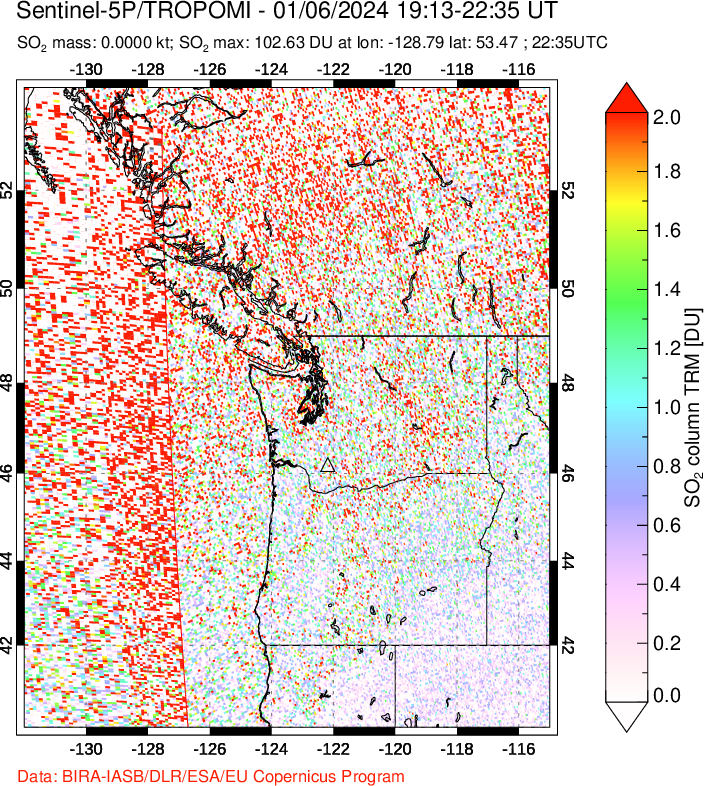 A sulfur dioxide image over Cascade Range, USA on Jan 06, 2024.