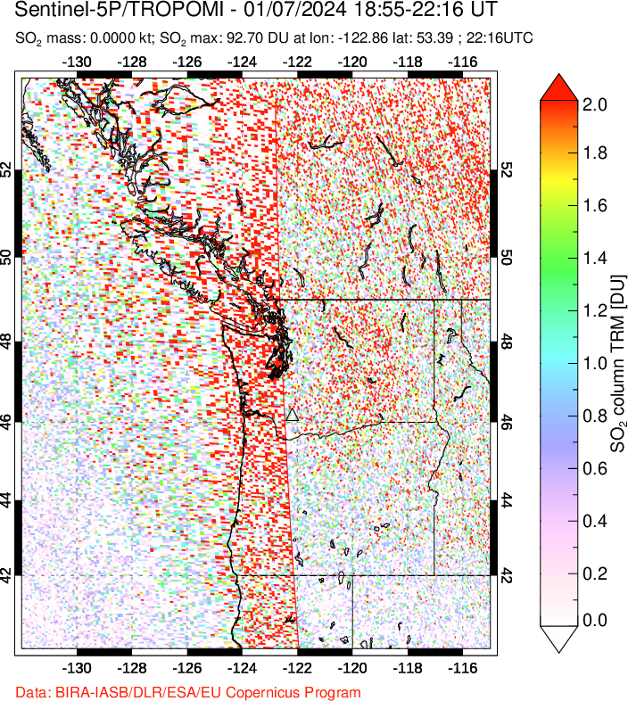 A sulfur dioxide image over Cascade Range, USA on Jan 07, 2024.