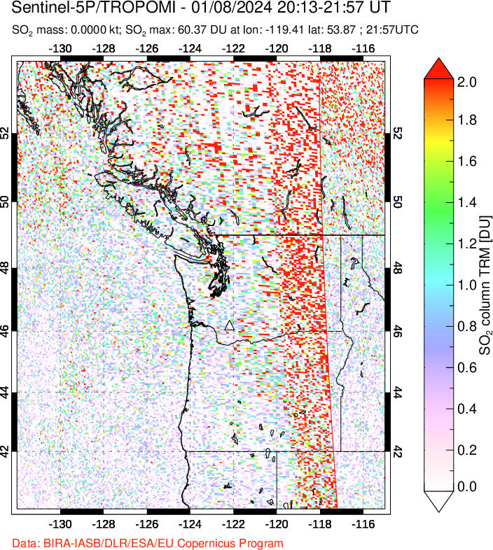 A sulfur dioxide image over Cascade Range, USA on Jan 08, 2024.