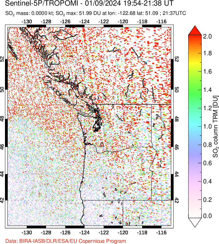 A sulfur dioxide image over Cascade Range, USA on Jan 09, 2024.