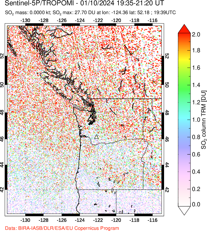 A sulfur dioxide image over Cascade Range, USA on Jan 10, 2024.