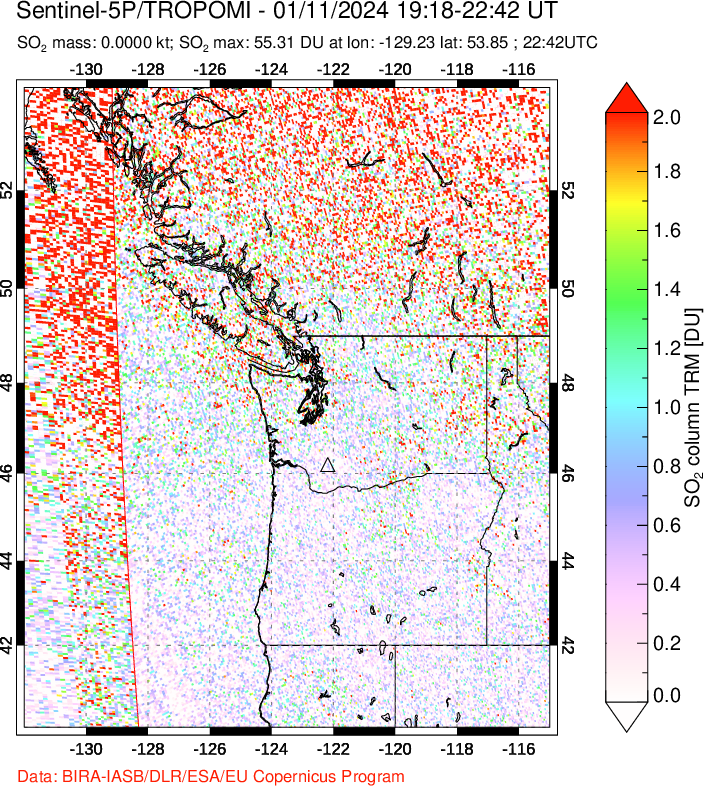 A sulfur dioxide image over Cascade Range, USA on Jan 11, 2024.