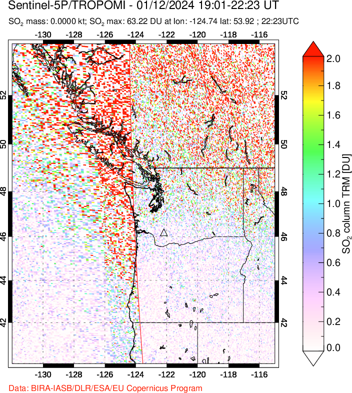 A sulfur dioxide image over Cascade Range, USA on Jan 12, 2024.