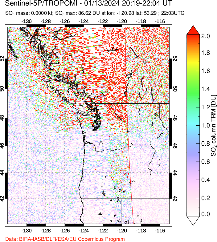 A sulfur dioxide image over Cascade Range, USA on Jan 13, 2024.