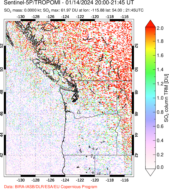 A sulfur dioxide image over Cascade Range, USA on Jan 14, 2024.