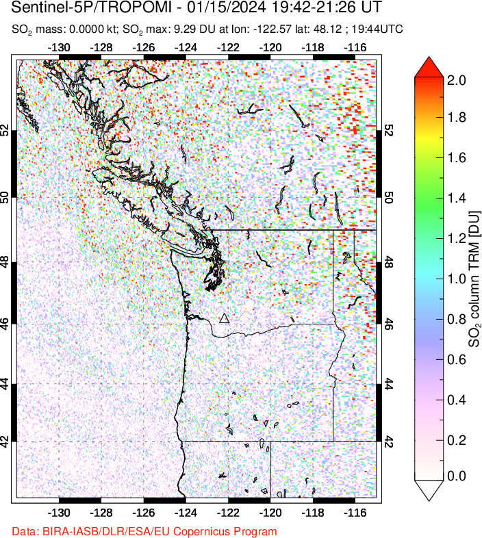 A sulfur dioxide image over Cascade Range, USA on Jan 15, 2024.