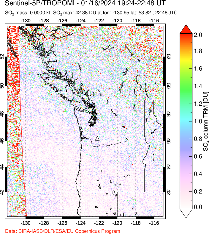 A sulfur dioxide image over Cascade Range, USA on Jan 16, 2024.