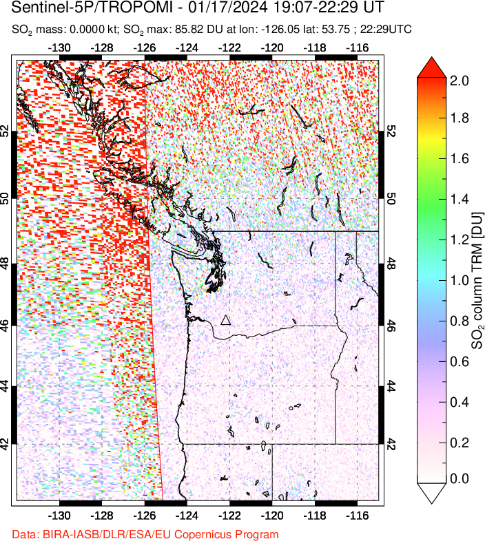 A sulfur dioxide image over Cascade Range, USA on Jan 17, 2024.