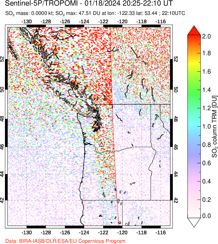 A sulfur dioxide image over Cascade Range, USA on Jan 18, 2024.