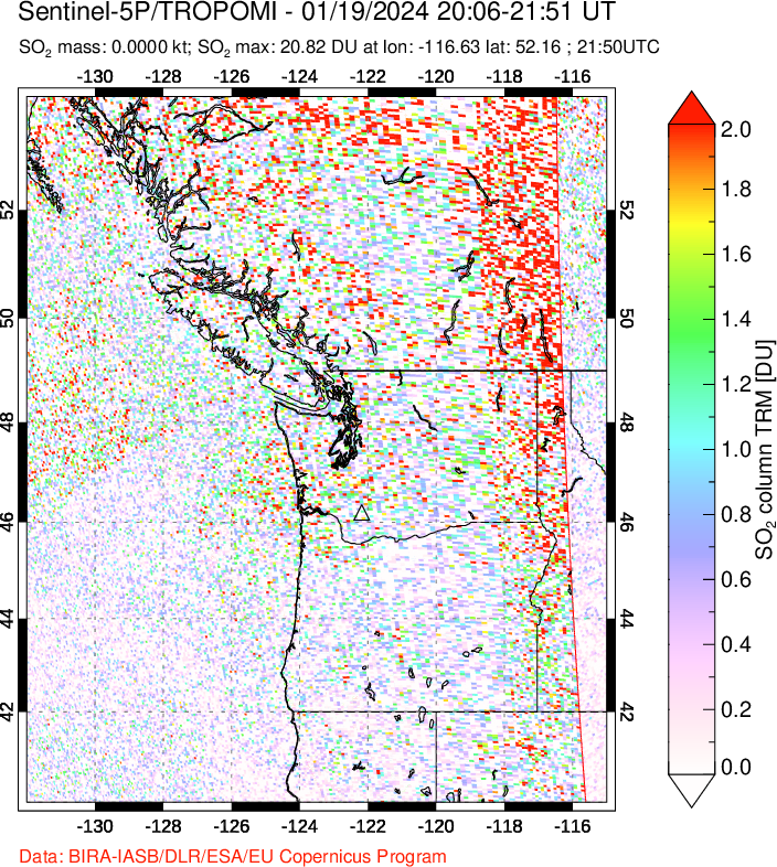 A sulfur dioxide image over Cascade Range, USA on Jan 19, 2024.