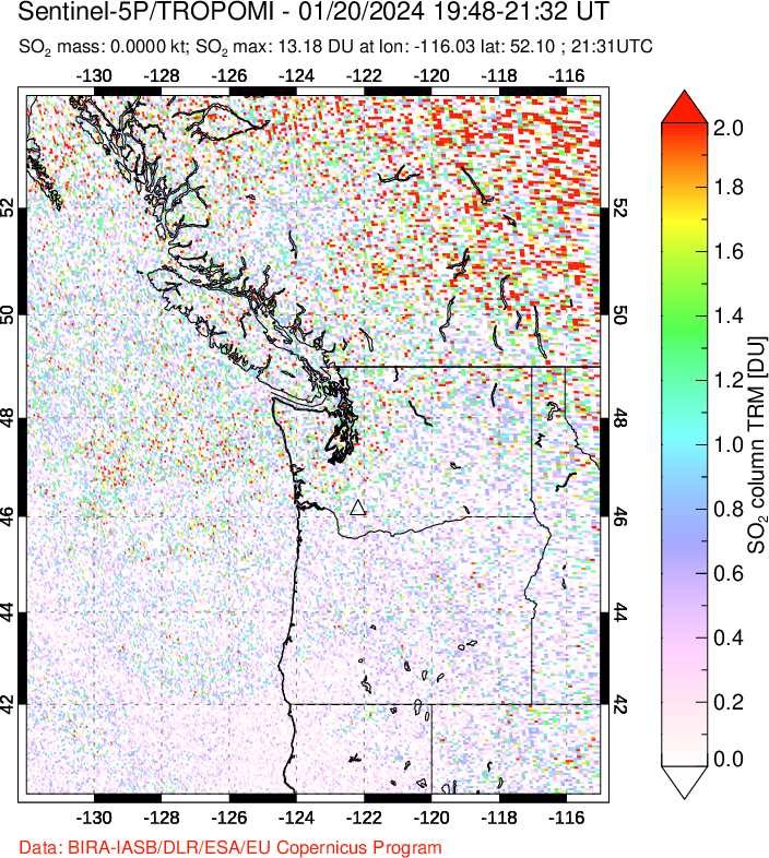 A sulfur dioxide image over Cascade Range, USA on Jan 20, 2024.