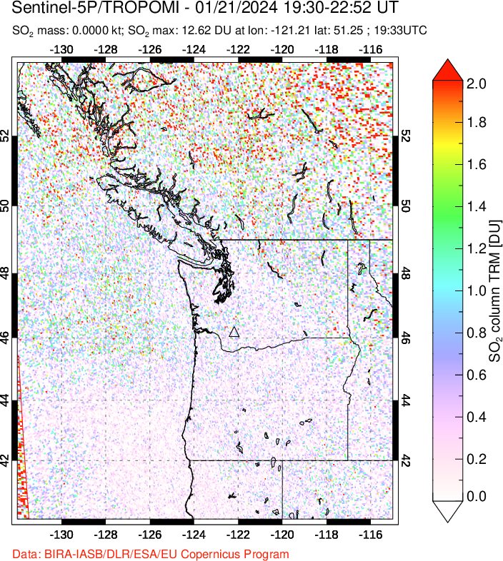 A sulfur dioxide image over Cascade Range, USA on Jan 21, 2024.