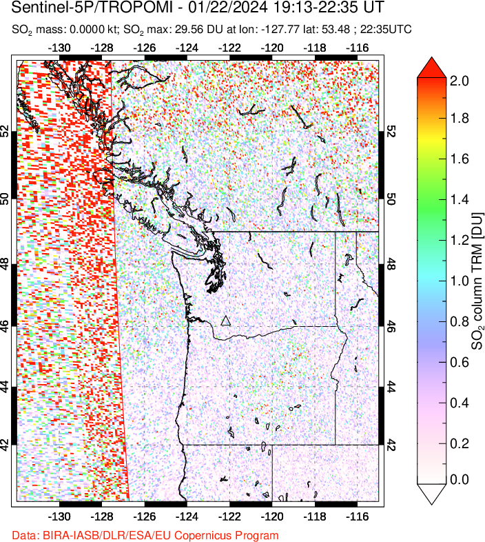 A sulfur dioxide image over Cascade Range, USA on Jan 22, 2024.