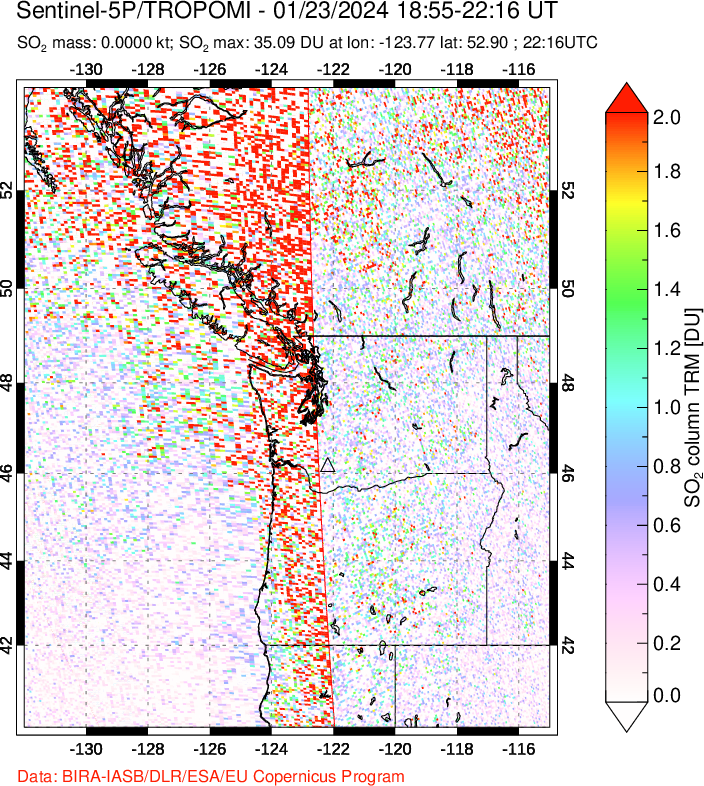 A sulfur dioxide image over Cascade Range, USA on Jan 23, 2024.