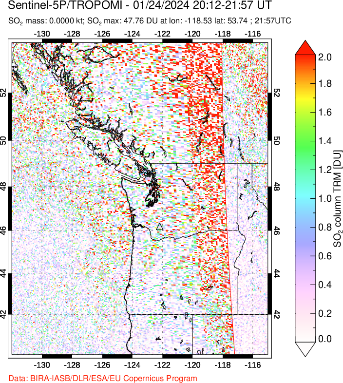 A sulfur dioxide image over Cascade Range, USA on Jan 24, 2024.