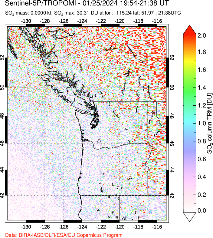 A sulfur dioxide image over Cascade Range, USA on Jan 25, 2024.