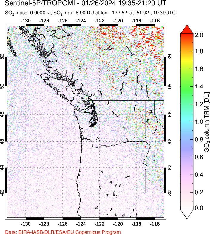 A sulfur dioxide image over Cascade Range, USA on Jan 26, 2024.