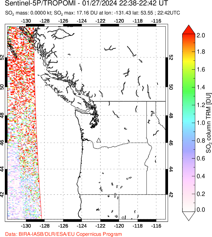 A sulfur dioxide image over Cascade Range, USA on Jan 27, 2024.