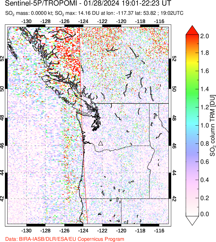 A sulfur dioxide image over Cascade Range, USA on Jan 28, 2024.