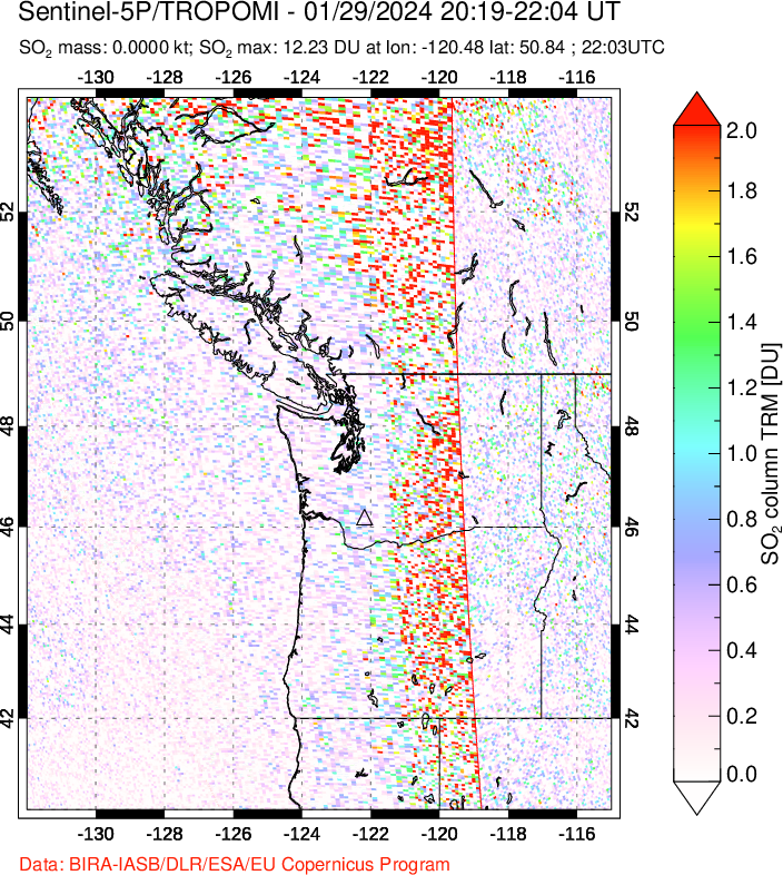 A sulfur dioxide image over Cascade Range, USA on Jan 29, 2024.