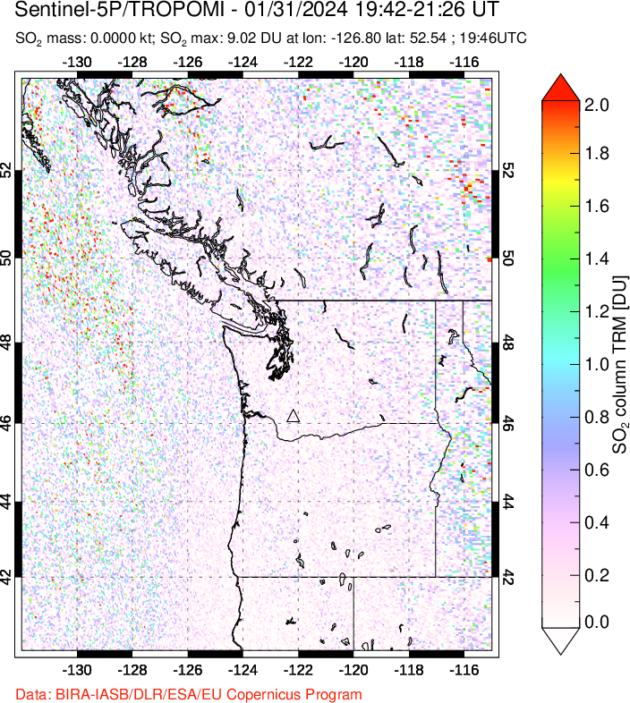 A sulfur dioxide image over Cascade Range, USA on Jan 31, 2024.