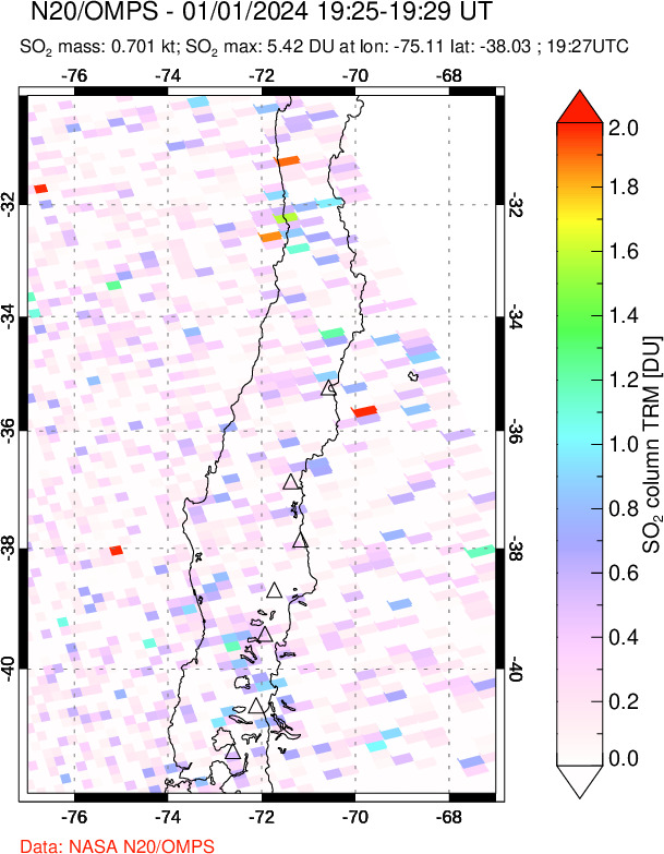 A sulfur dioxide image over Central Chile on Jan 01, 2024.