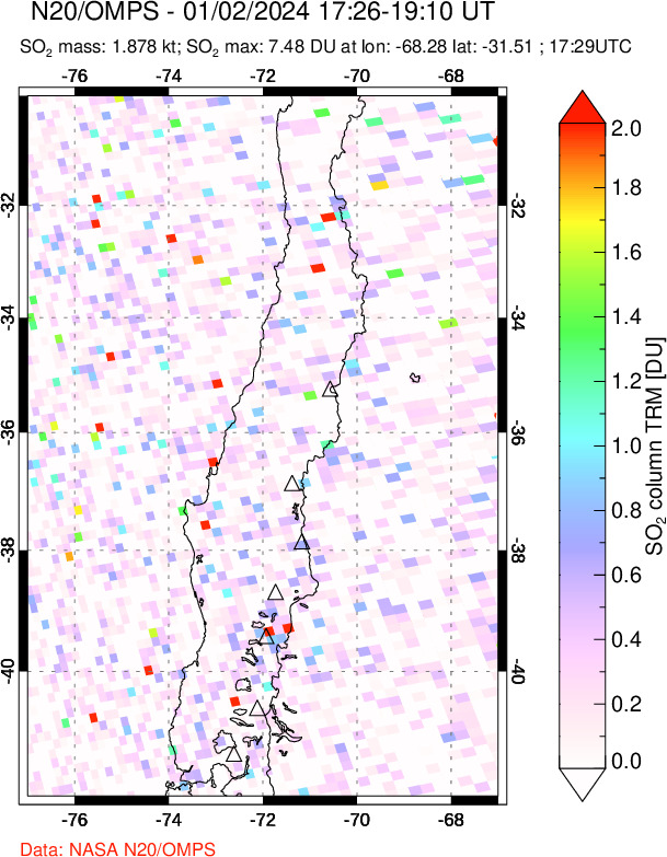 A sulfur dioxide image over Central Chile on Jan 02, 2024.